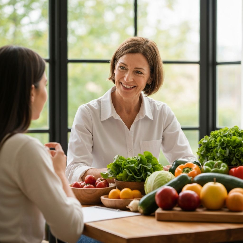 Nutrition consultation with fresh vegetables and supplements
